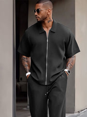 Simple Refined Zipper Design Shirt Set