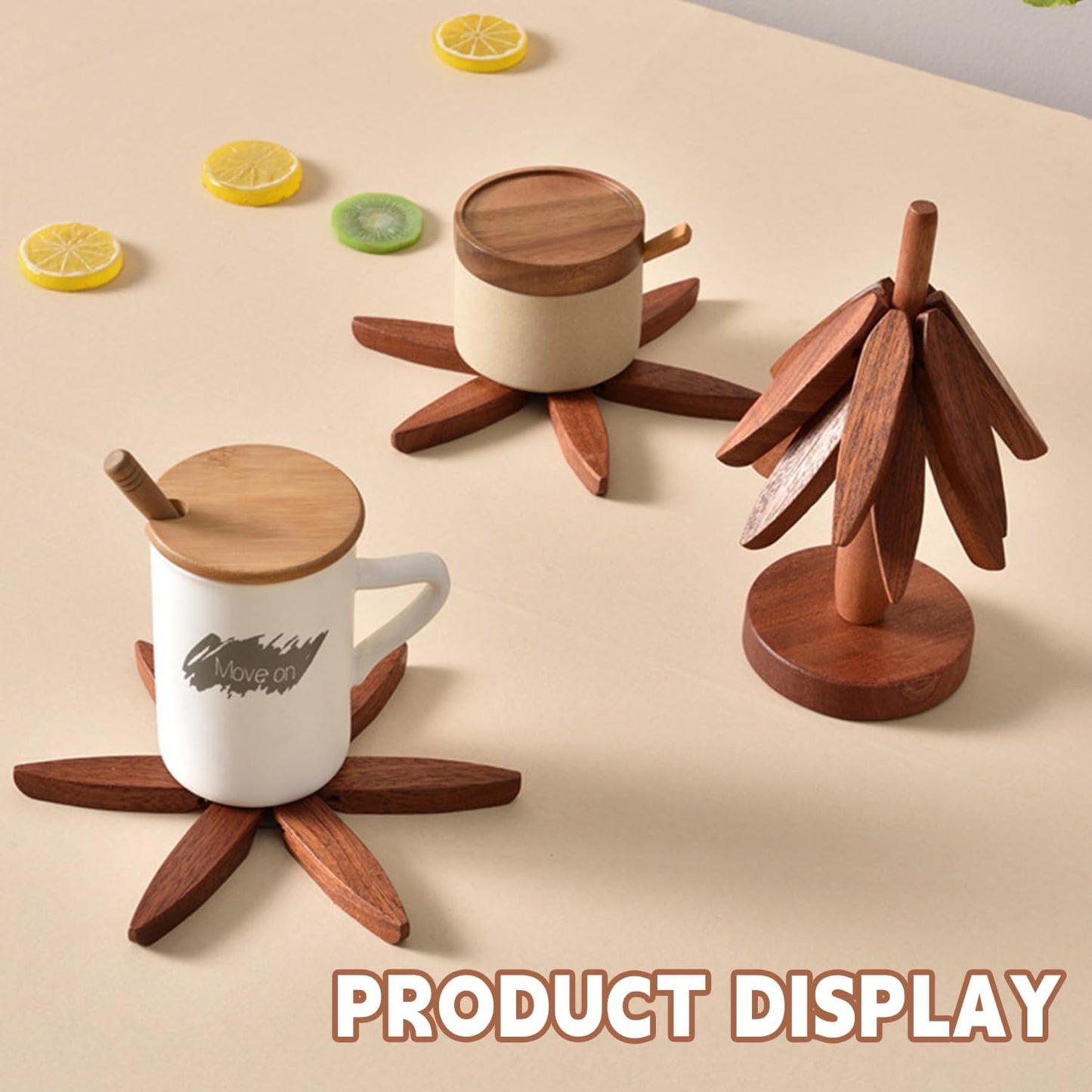 🔥Christmas Early Discount 49% Off✨Natural Tree Trivet Set - 4 Wooden Trivets & 1 Stand Like a Christmas Tree🎄
