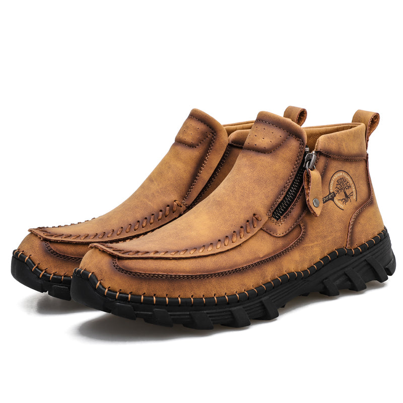 Men's Premium Leather Slip On Ankle Boots Side Zipper Casual Comfort Moccasin Chukka Boots Outdoor Walking Loafers for Working Driving Hiking