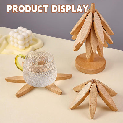 🔥Christmas Early Discount 49% Off✨Natural Tree Trivet Set - 4 Wooden Trivets & 1 Stand Like a Christmas Tree🎄