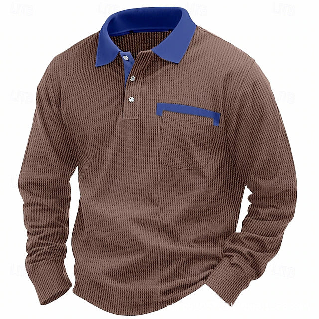 Men's Cotton Waffle Patch Collar Casual Business Polo Shirt
