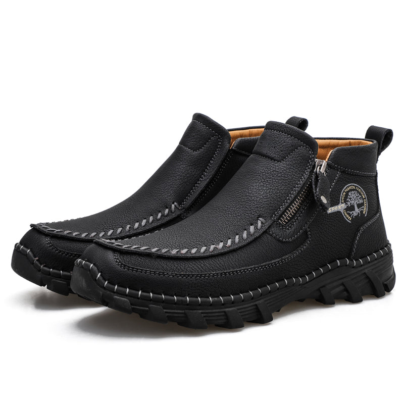 Men's Premium Leather Slip On Ankle Boots Side Zipper Casual Comfort Moccasin Chukka Boots Outdoor Walking Loafers for Working Driving Hiking